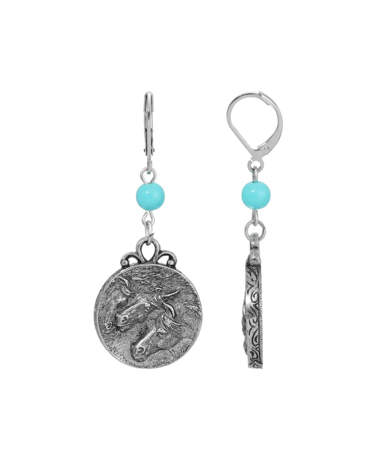 1928 Silver Tone Simulated Turquoise Bead Horse Medallion Drop Earrings, Womens Product Image