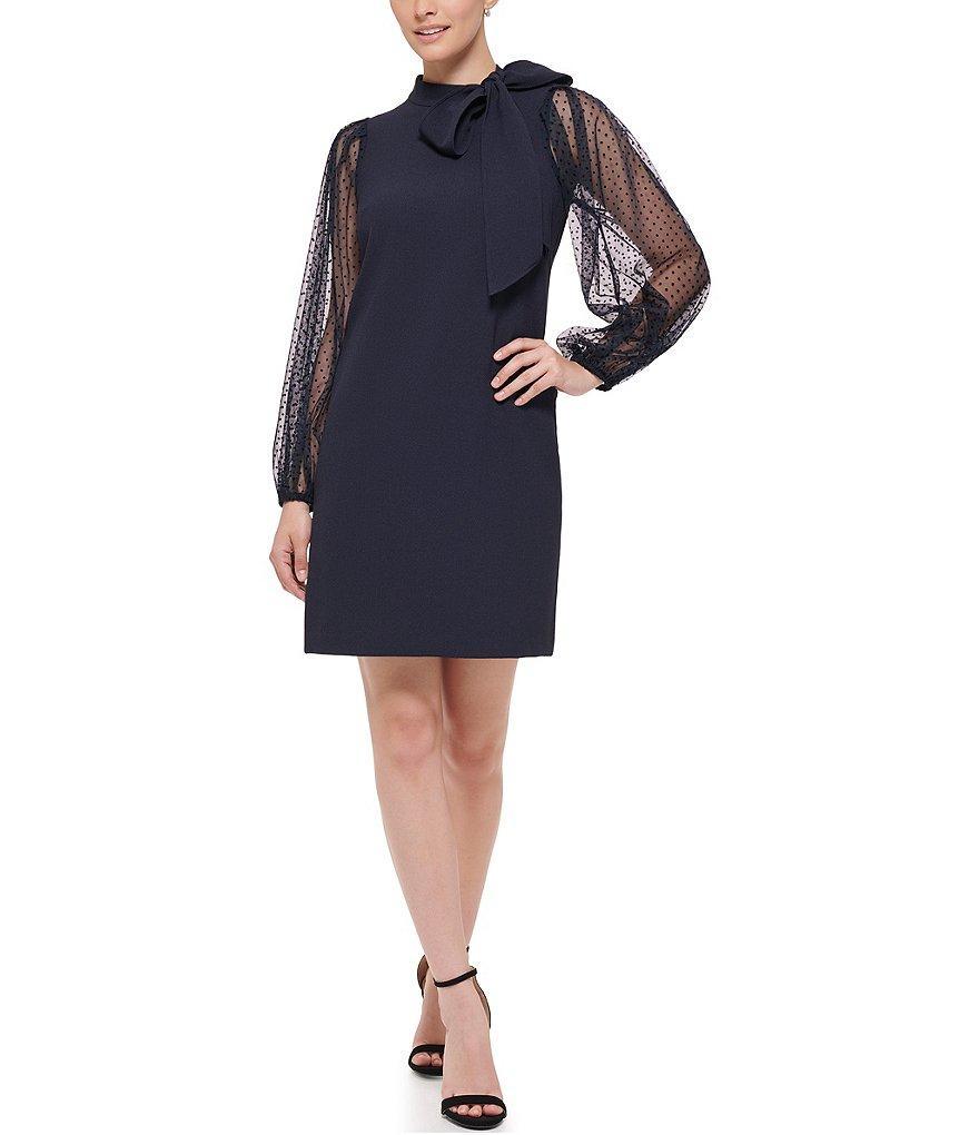 Vince Camuto Stretch Crepe Bow Mock Neck Long Sleeve Flocked Mesh Dot Shift Dress Product Image