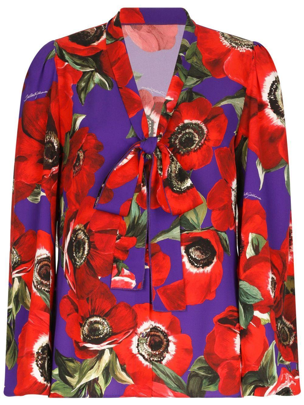 Floral-print Silk Blouse In Red Product Image