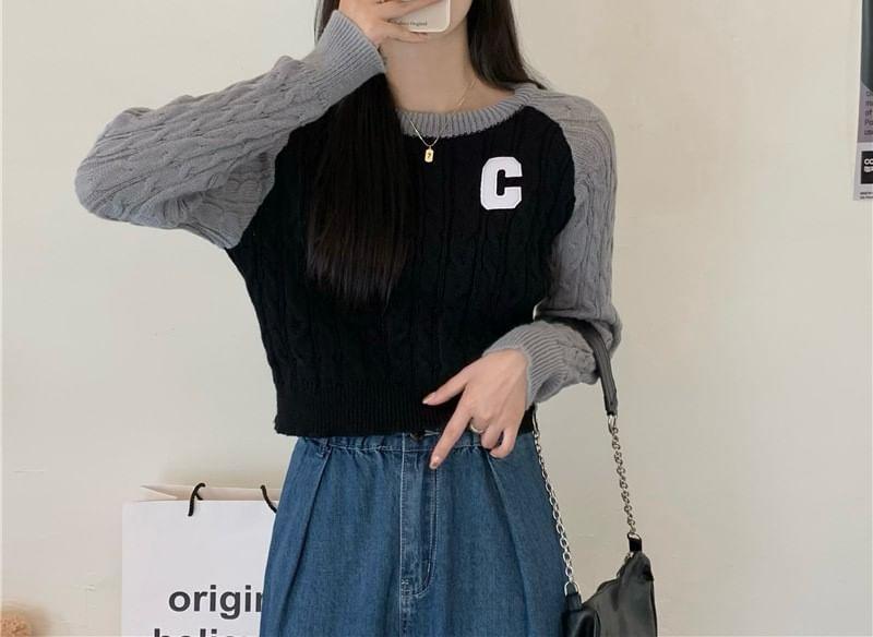 Long-Sleeve Crewneck Lettering Raglan Crop Knit Top Product Image