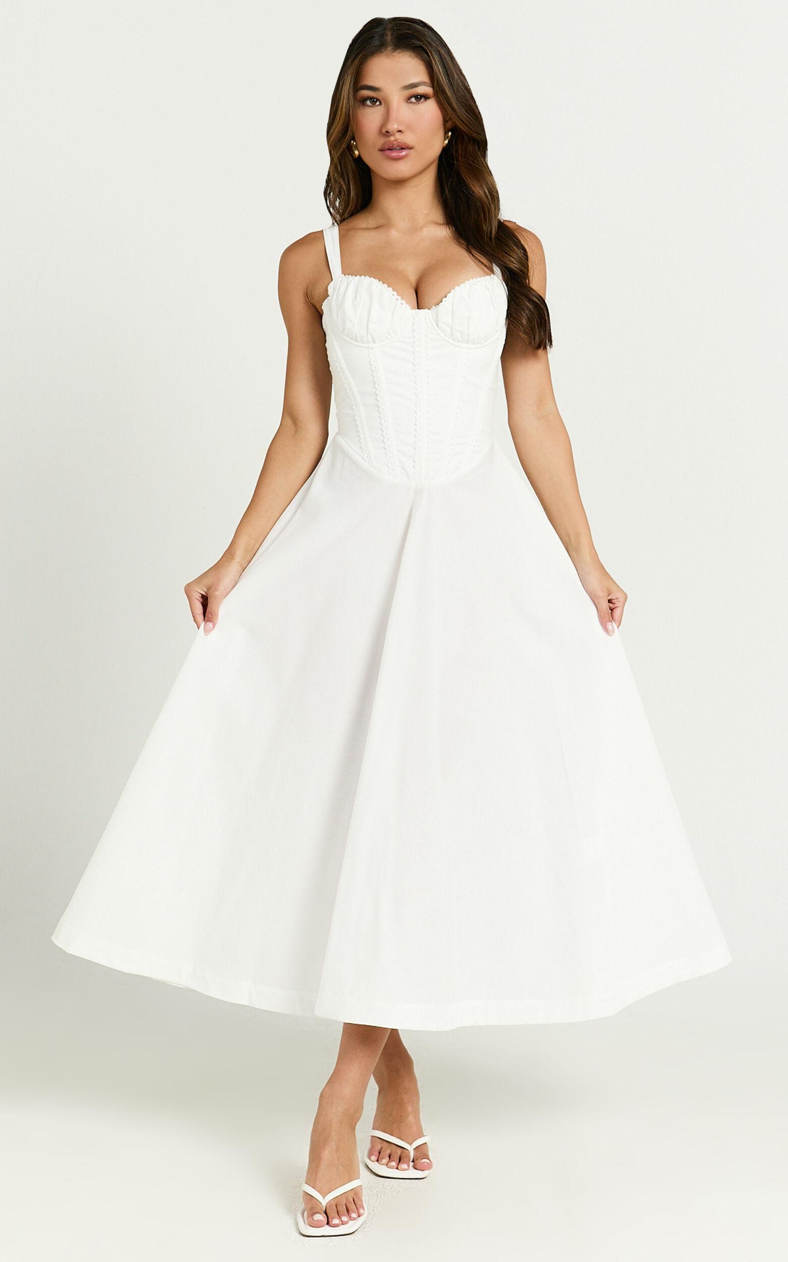 Jonas Midi Dress - Ruched Corset Lace Trim Dress in Ivory Product Image