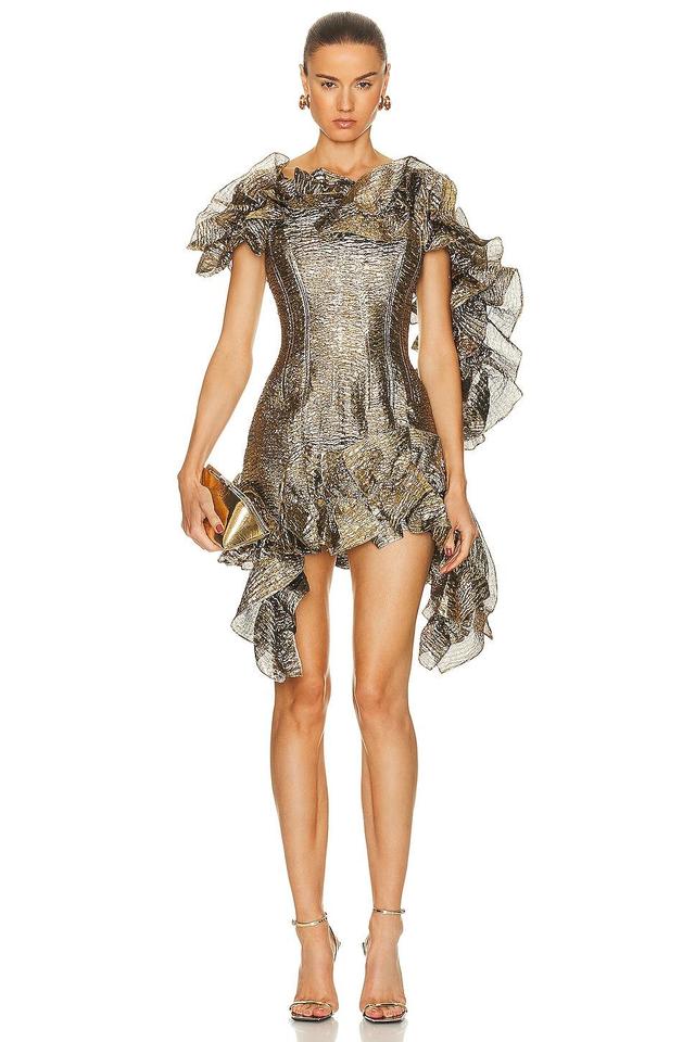 AKNVAS Ava Structural Ruffle Dress in Metallic Gold Product Image