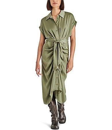 Steve Madden Tori Satin Point Collar Short Kimono Cuff Sleeve Belted Ruched Front Asymmetrical Hem Midi Shirt Dress Product Image