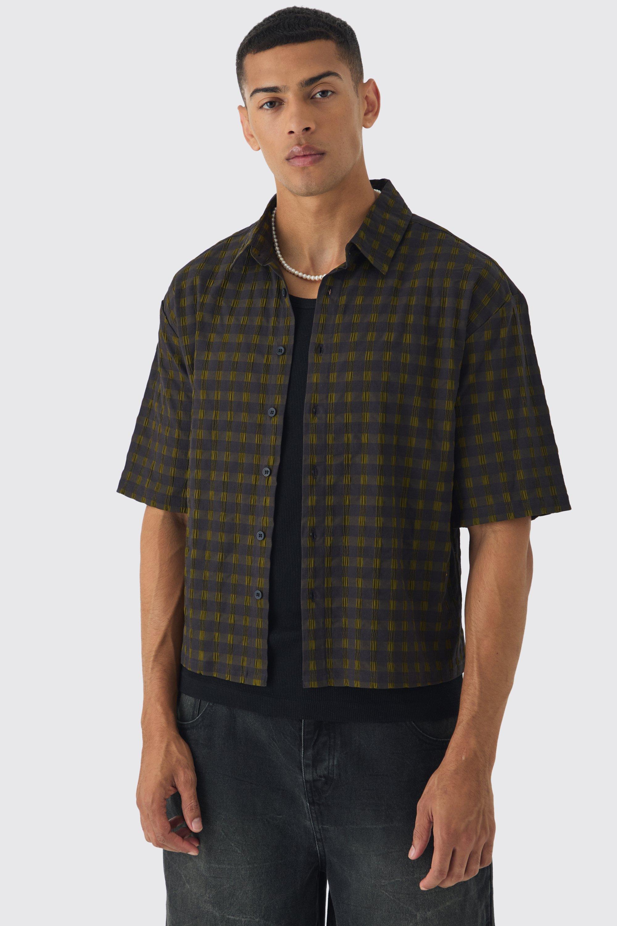 Short Sleeve Crinkle Checked Oversized Shirt | boohooMAN USA Product Image