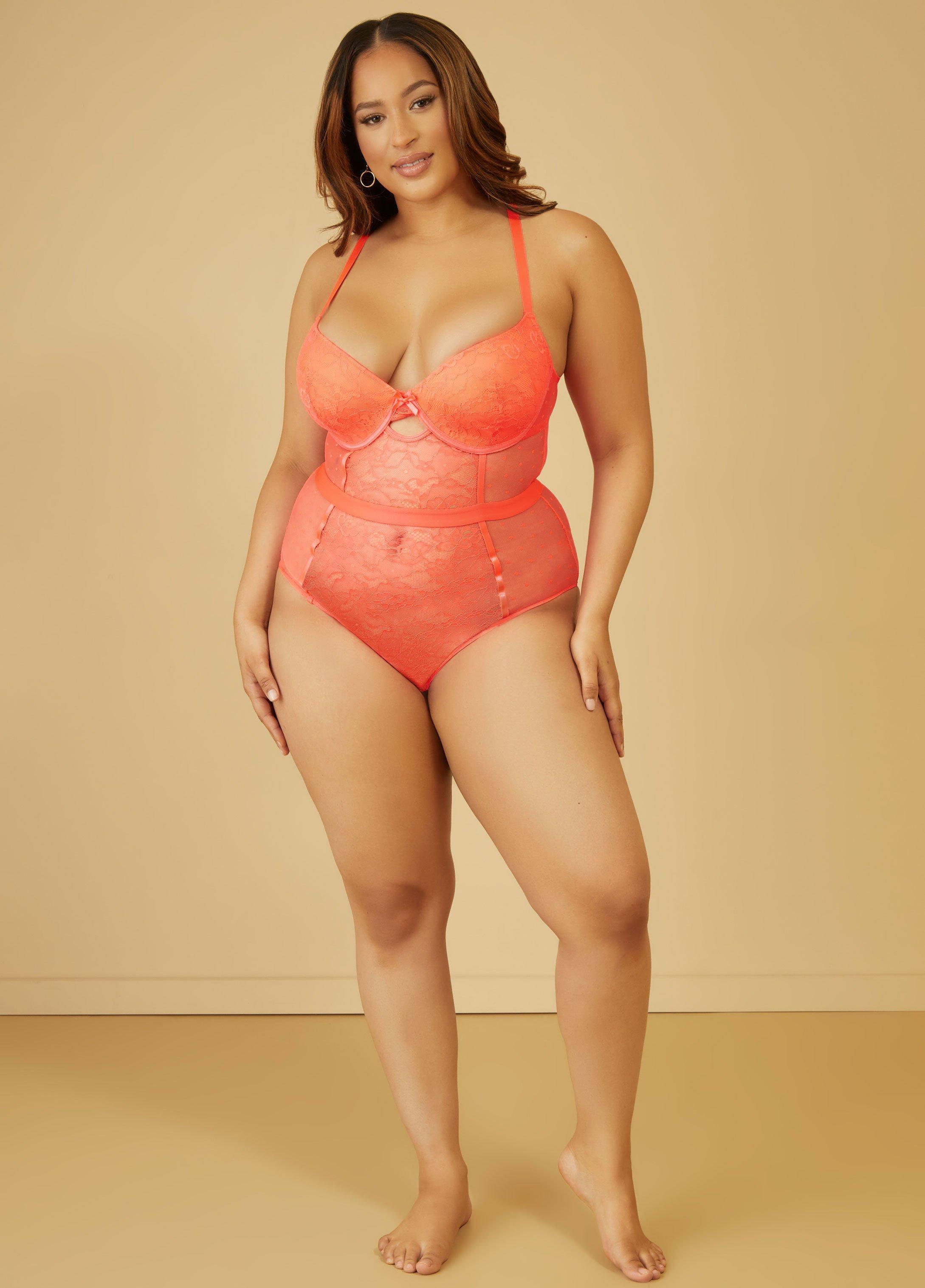 Plus Size Cutout Mesh And Lace Bodysuit Ashley Stewart Product Image