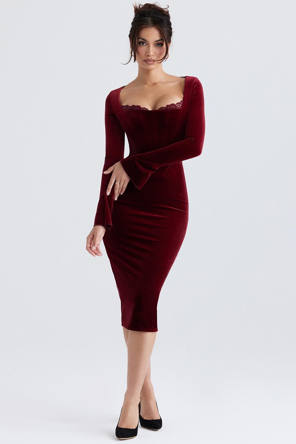 Solaine Wine Velvet Corset Dress Product Image