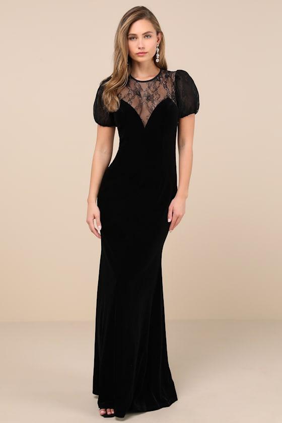 Alluring Event Black Velvet Lace Puff Sleeve Maxi Dress Product Image