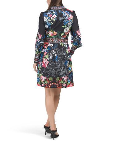 Long Sleeve Floral Border Print Shirt Dress for Women | Polyester/Spandex Product Image