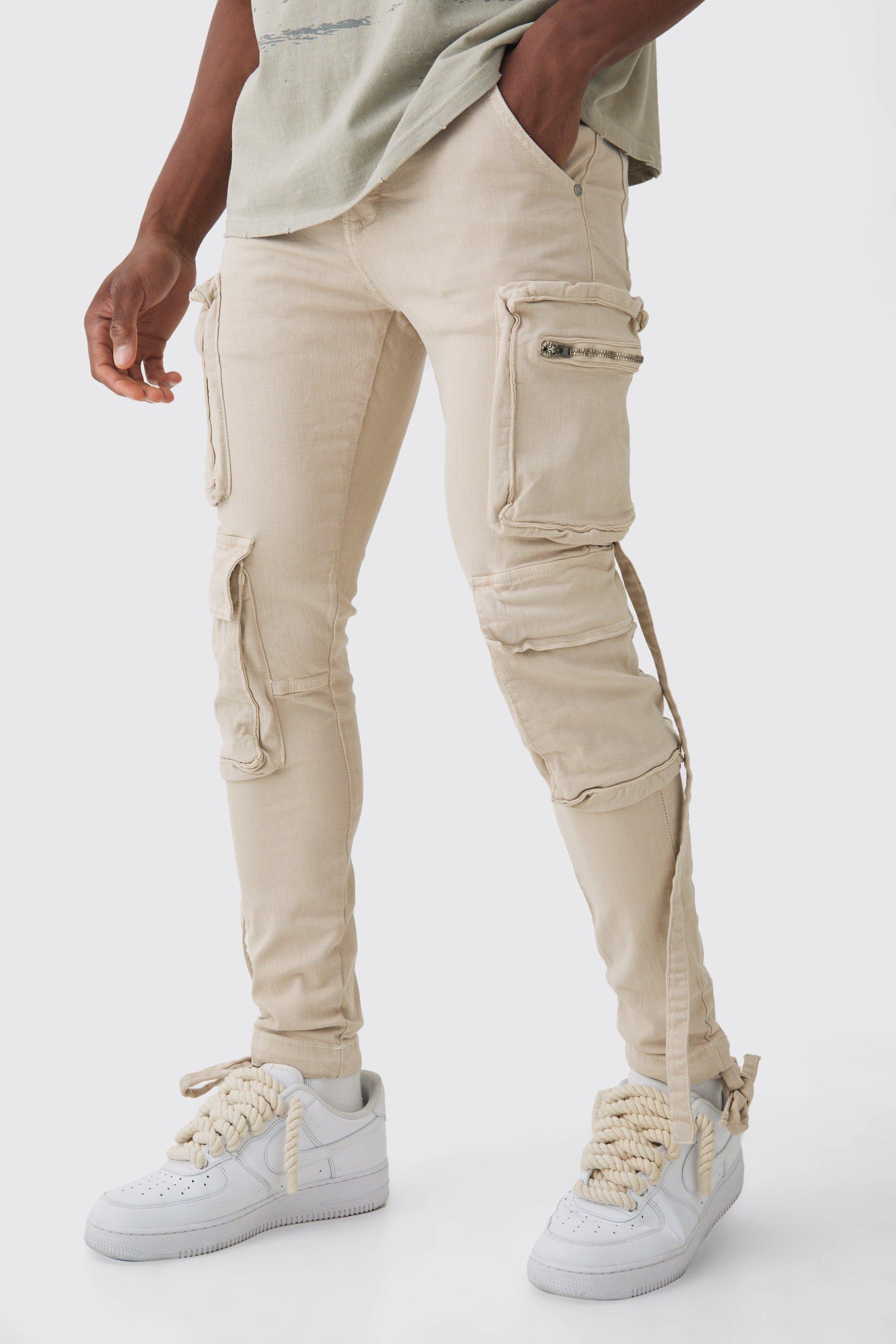 Super Skinny Stretch Strap Detail Cargo Jeans In Stone | boohooMAN USA Product Image