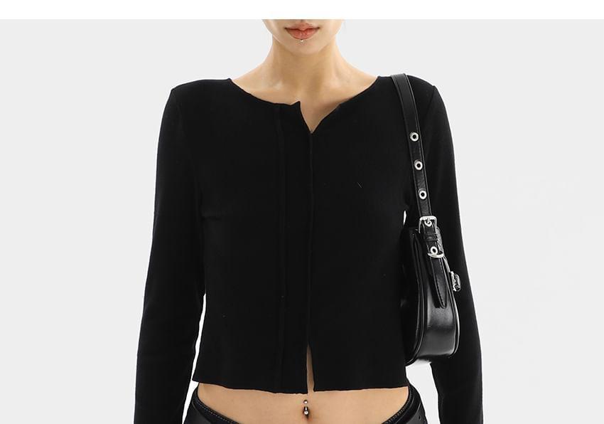 Long Sleeve Notch Neck Plain Slit Crop Top Product Image