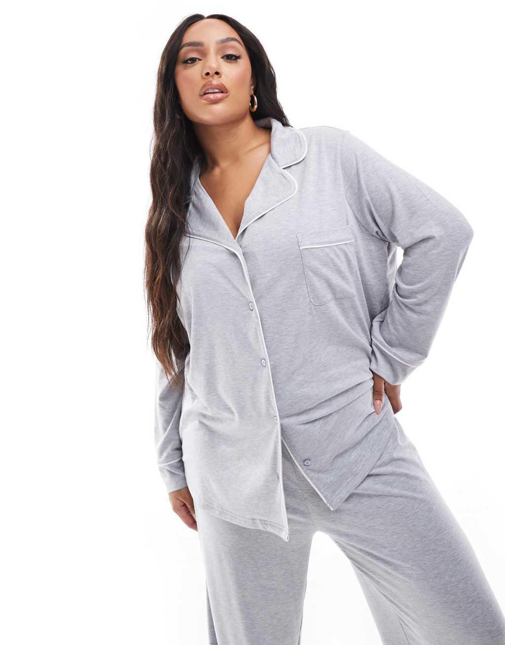 ASOS DESIGN Curve super soft long sleeve shirt & pants pajama set with contrast piping in gray Product Image