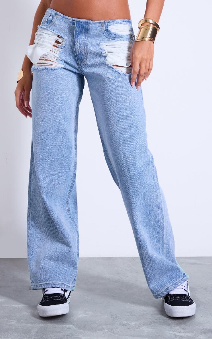 Light Blue Distressed Pocket Detail Straight Leg Jeans Product Image