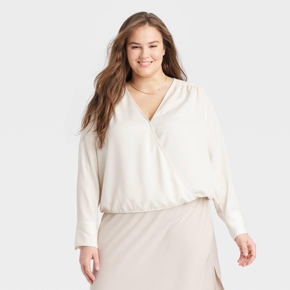 Womens Long Sleeve V-Neck Wrap Blouse - A New Day Cream 4X Product Image