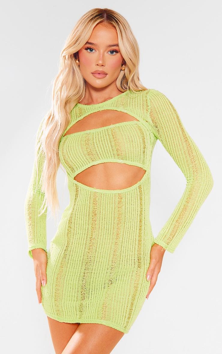 Lime Laddered Cut Out Long Sleeve Bodycon Dress Product Image