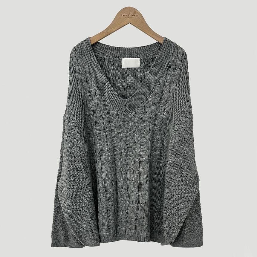 Long Sleeve V-Neck Plain Cable-Knit Loose-Fit Sweater Product Image