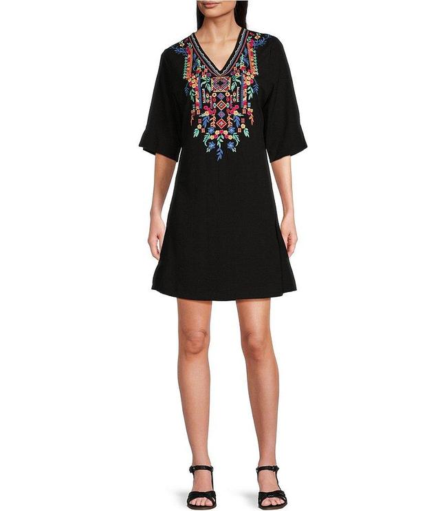 Calessa V-Neck Embroidered Patchwork Detail 3/4 Sleeve A-Line Dress Product Image