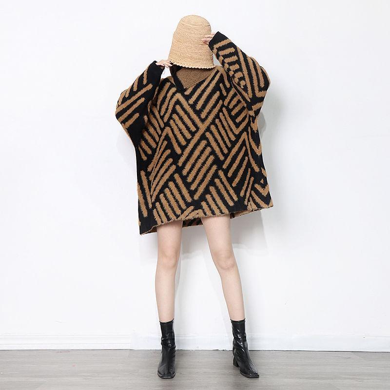 Turtleneck Patterned Oversized Sweater Product Image