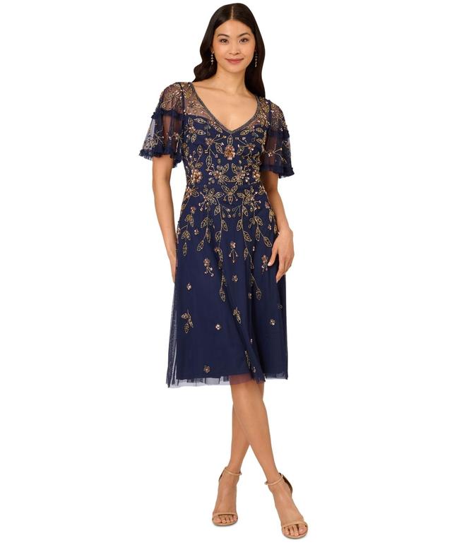 Adrianna Papell Womens V-Neck Beaded Midi Dress Product Image