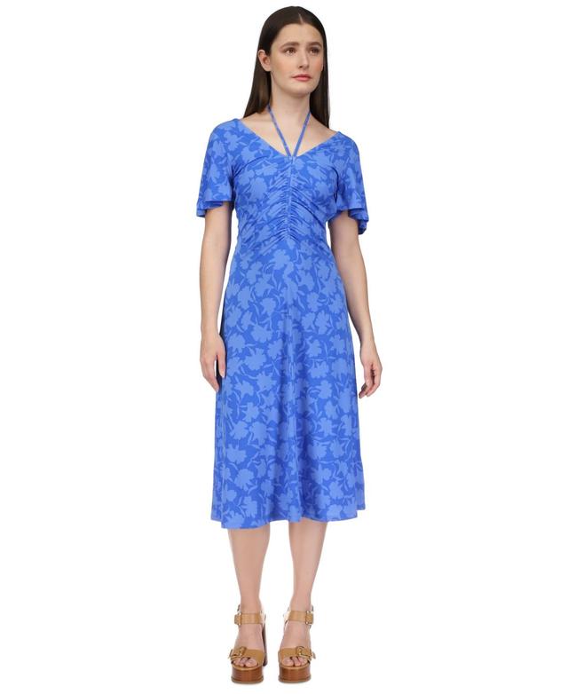 Michael Michael Kors Womens Floral-Print Tie V-Neck Ruched Midi Dress, Regular & Petite Product Image