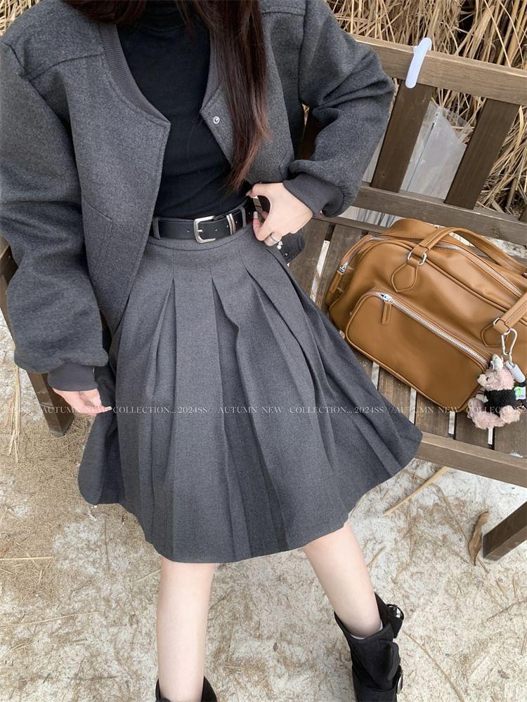 High Waist Plain Pleated A-Line Skirt Product Image