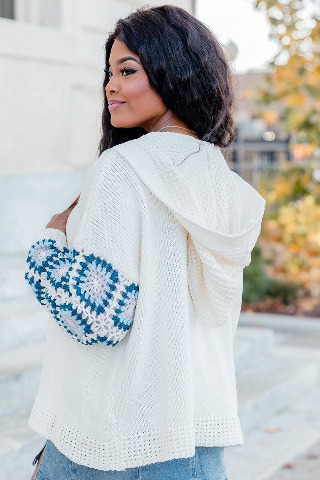 Be Better Ivory and Blue Crochet Sleeve Hooded Cardigan  FINAL SALE Product Image