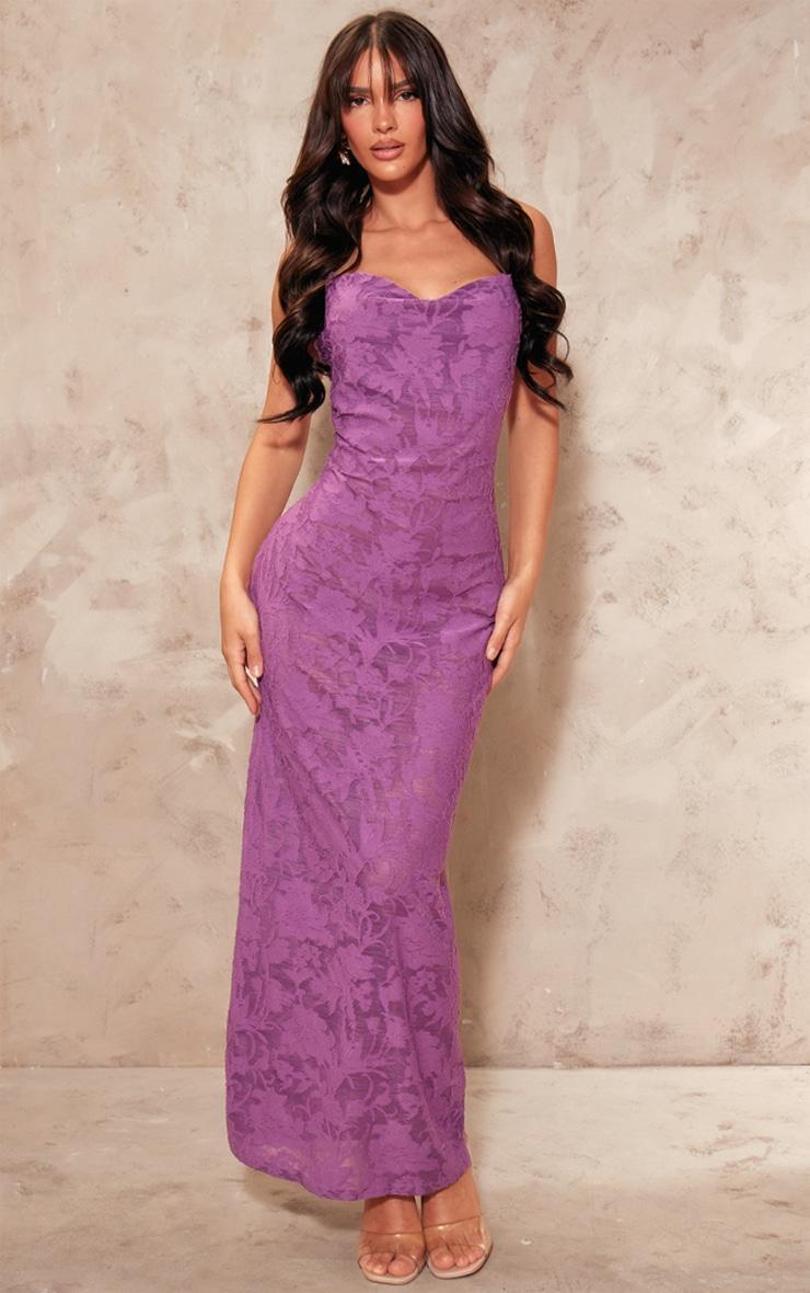 Purple Floral Sheer Burnout Cowl Neck Strappy Maxi Dress Product Image