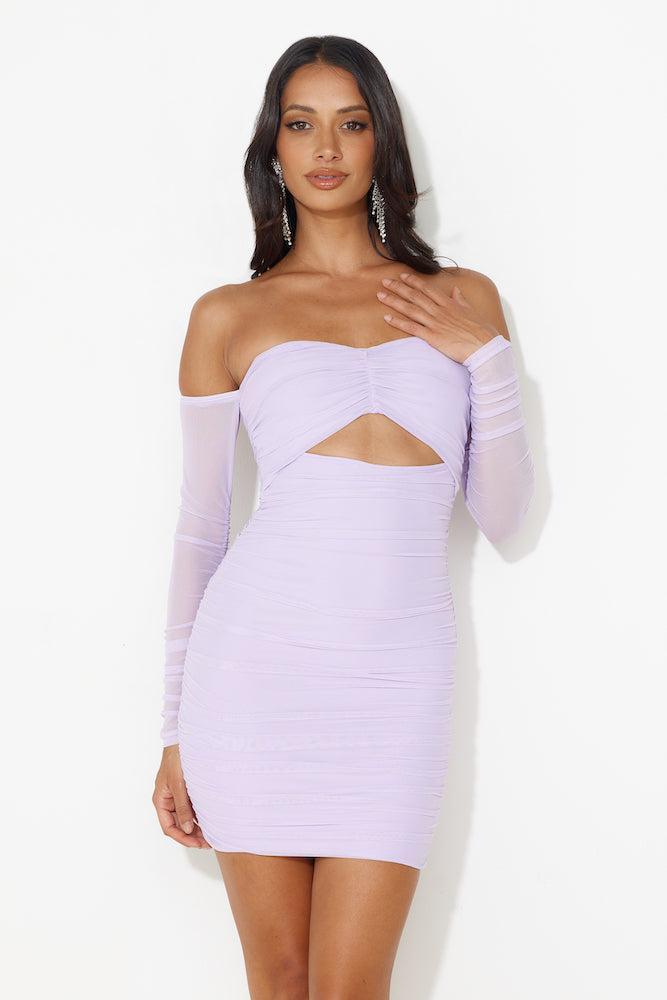 Music Moves Off The Shoulder Mesh Mini Dress Lilac Product Image