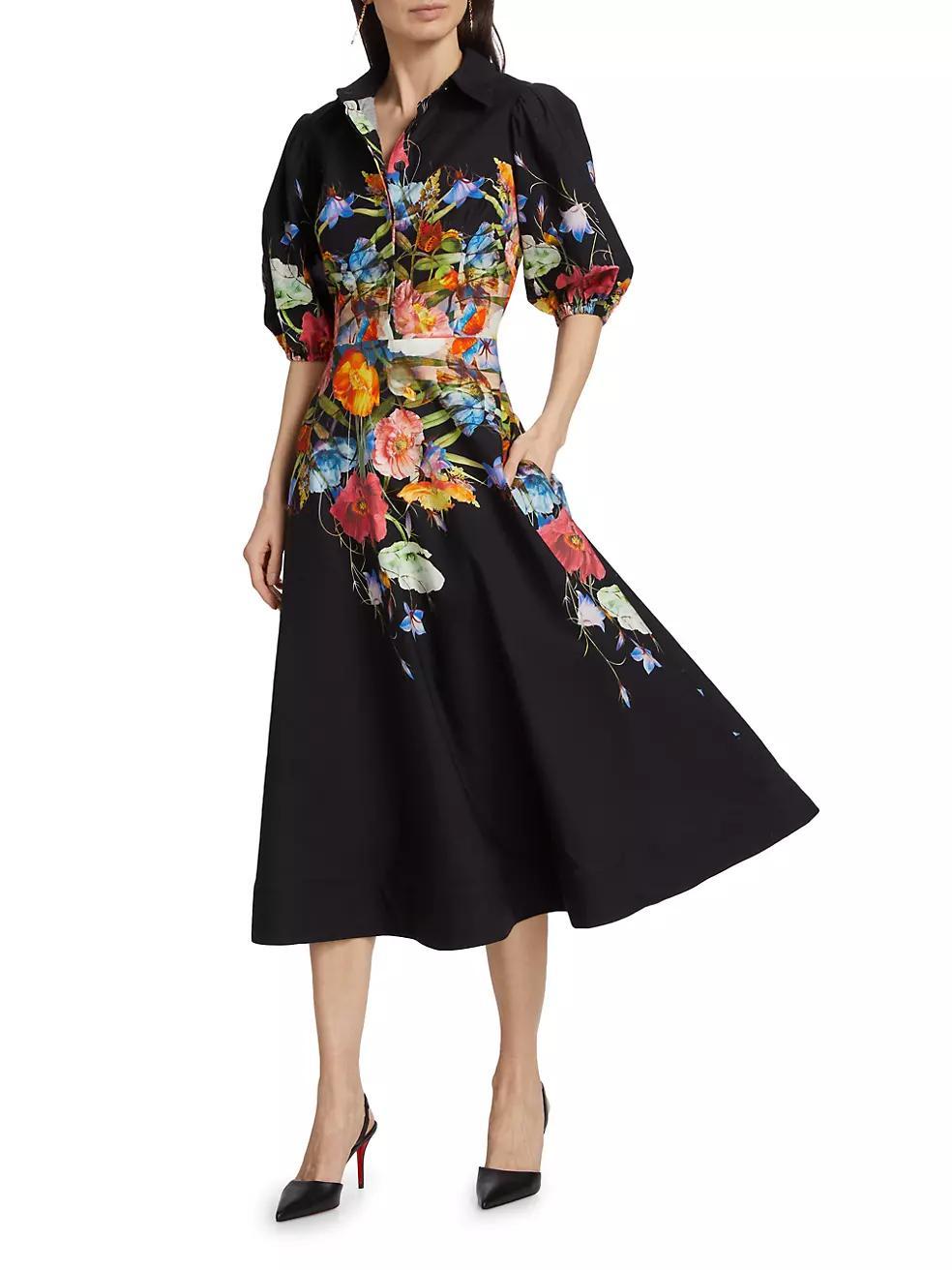 Floral Cotton Puff-Sleeve Midi-Dress Product Image