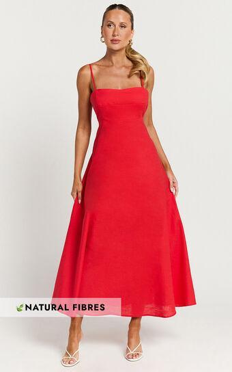 Brette Midi Dress - Linen Look Straight Neck Strappy Fit And Flare Dress in Red Product Image