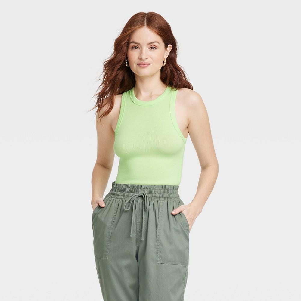 Womens Slim Fit Ribbed High Neck Tank Top - A New Day Lime XL Product Image