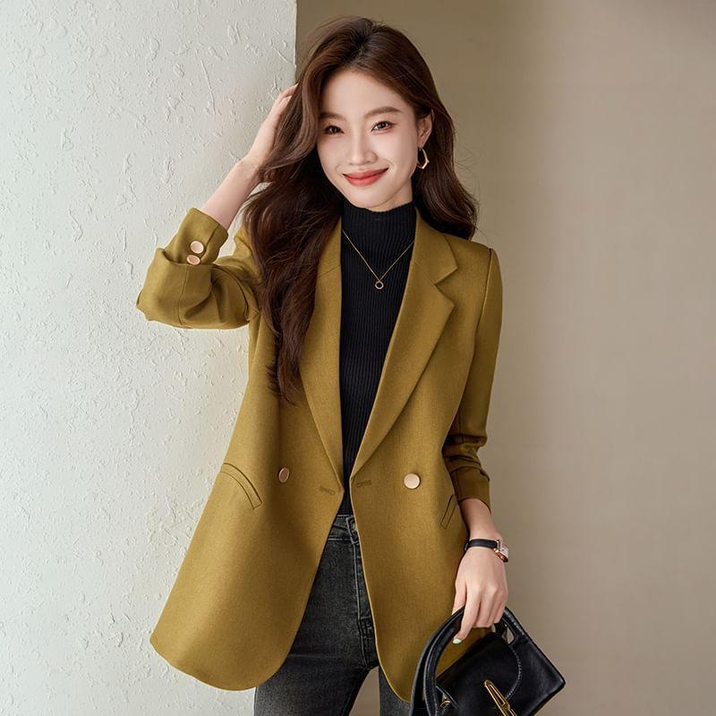 Lapel Collar Plain Double Button Blazer Product Image