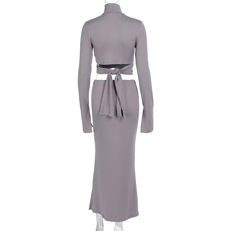 Set: Long-Sleeve Mock Neck Plain Cutout Crop Slim Fit Tee + Mid Rise Ruched Maxi Pencil Skirt Product Image