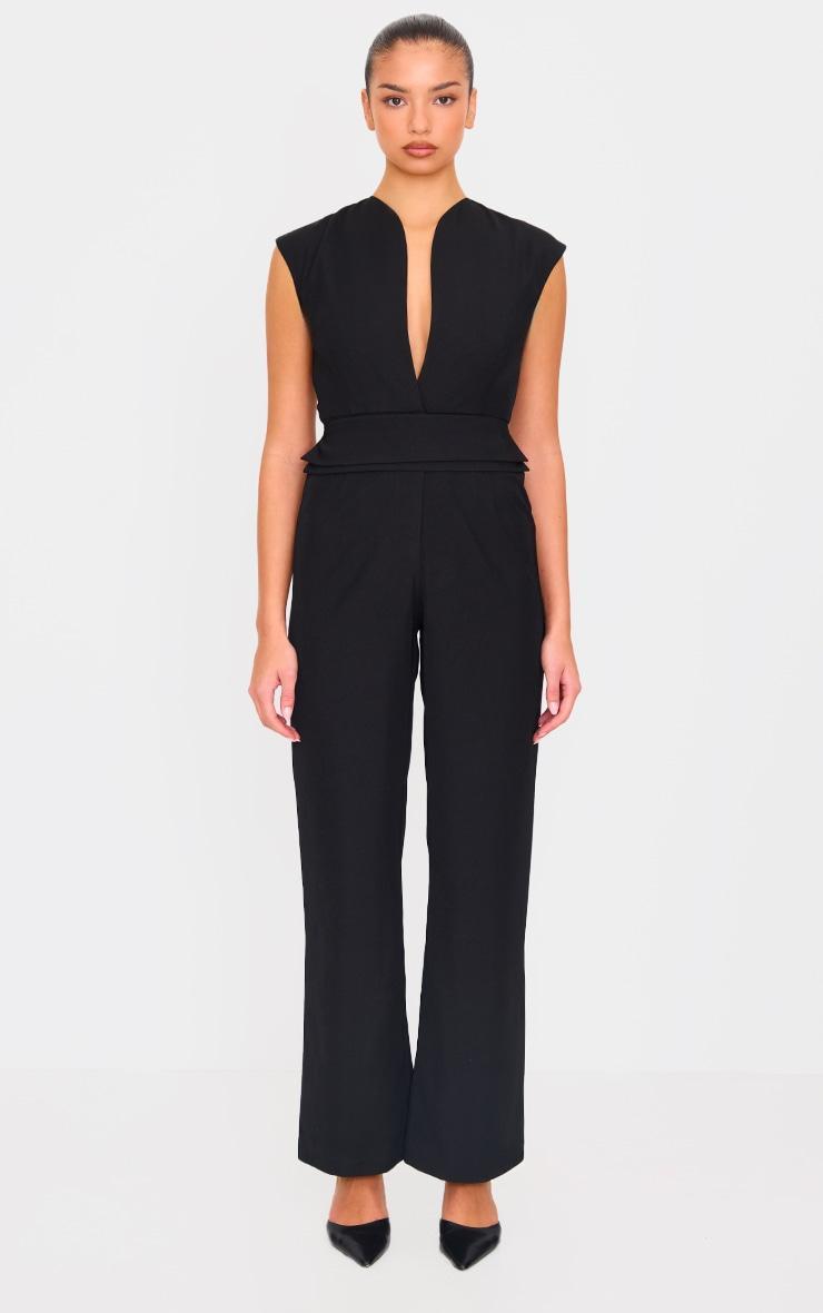 Black Premium Woven Sleeveless Waist Detail Straight Leg Jumpsuit Product Image