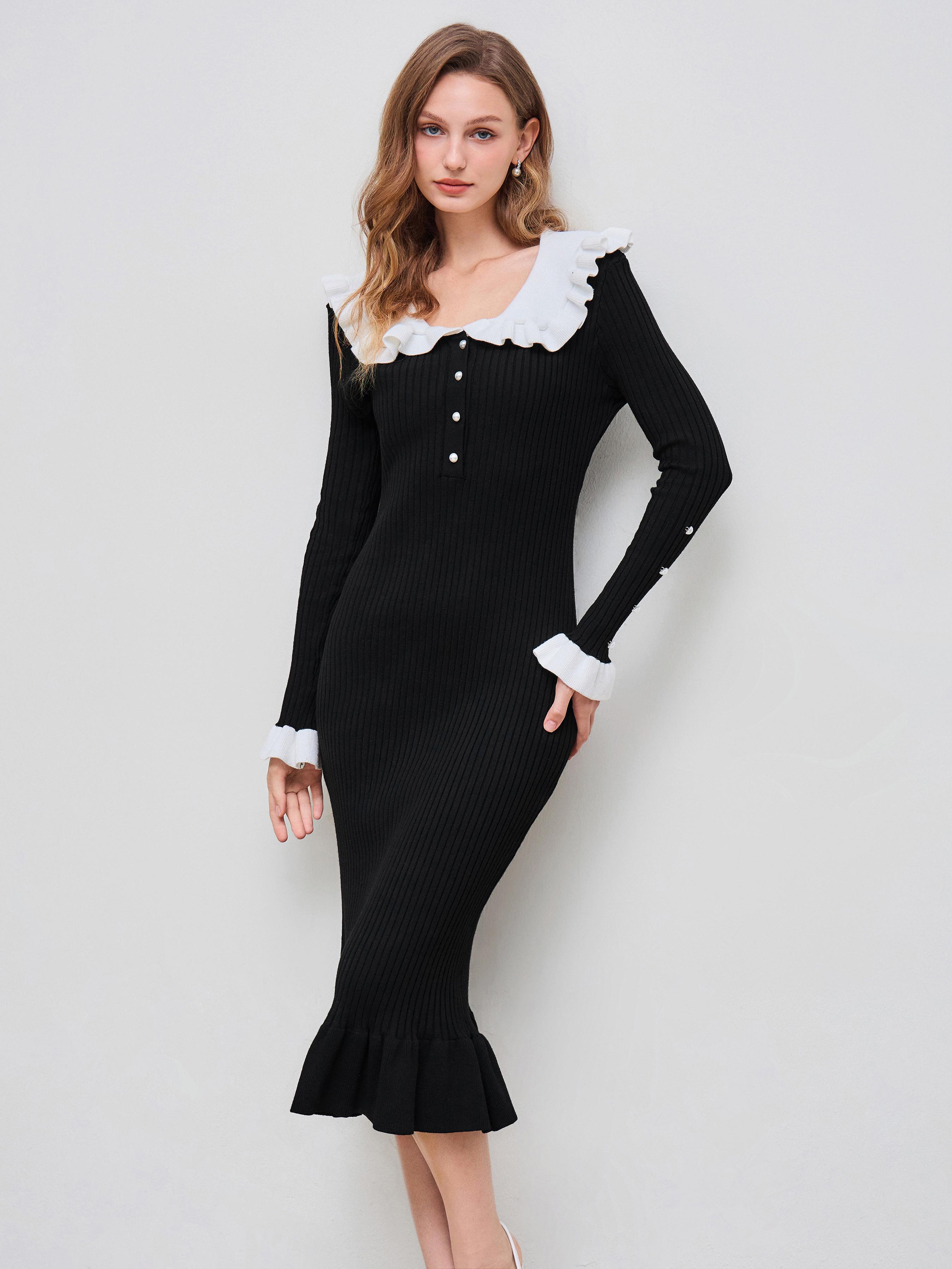 Knit U-neckline Contrasting Binding Ruffle Maxi Dress Product Image