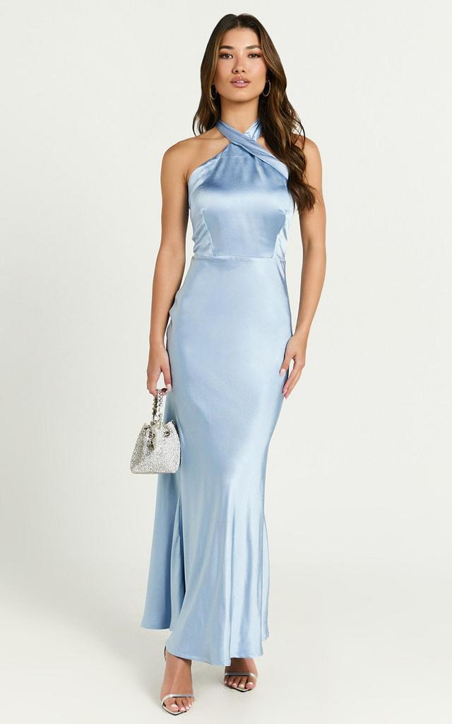 Rhianne Midi Dress - Twist Halter Neck Open Back Satin Dress in Light Blue Product Image