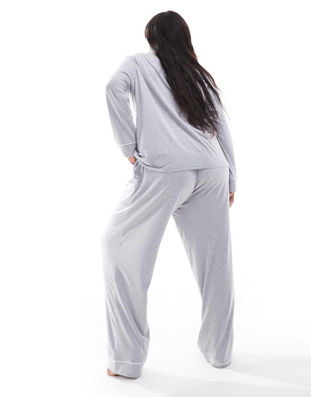 ASOS DESIGN Curve super soft long sleeve shirt & pants pajama set with contrast piping in gray Product Image