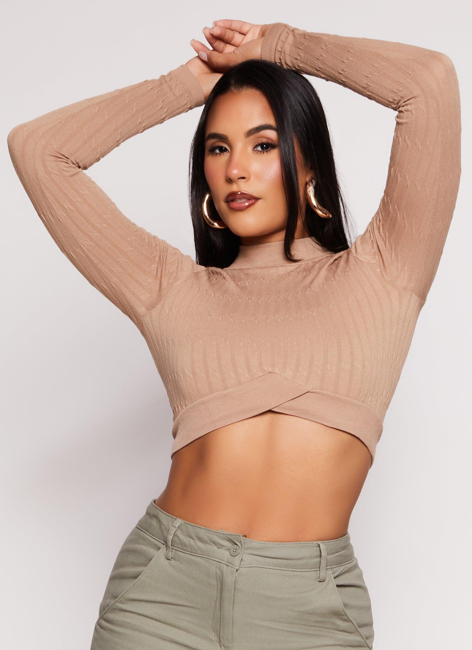 Womens Seamless Cable Knit Mock Neck Crop Top Product Image