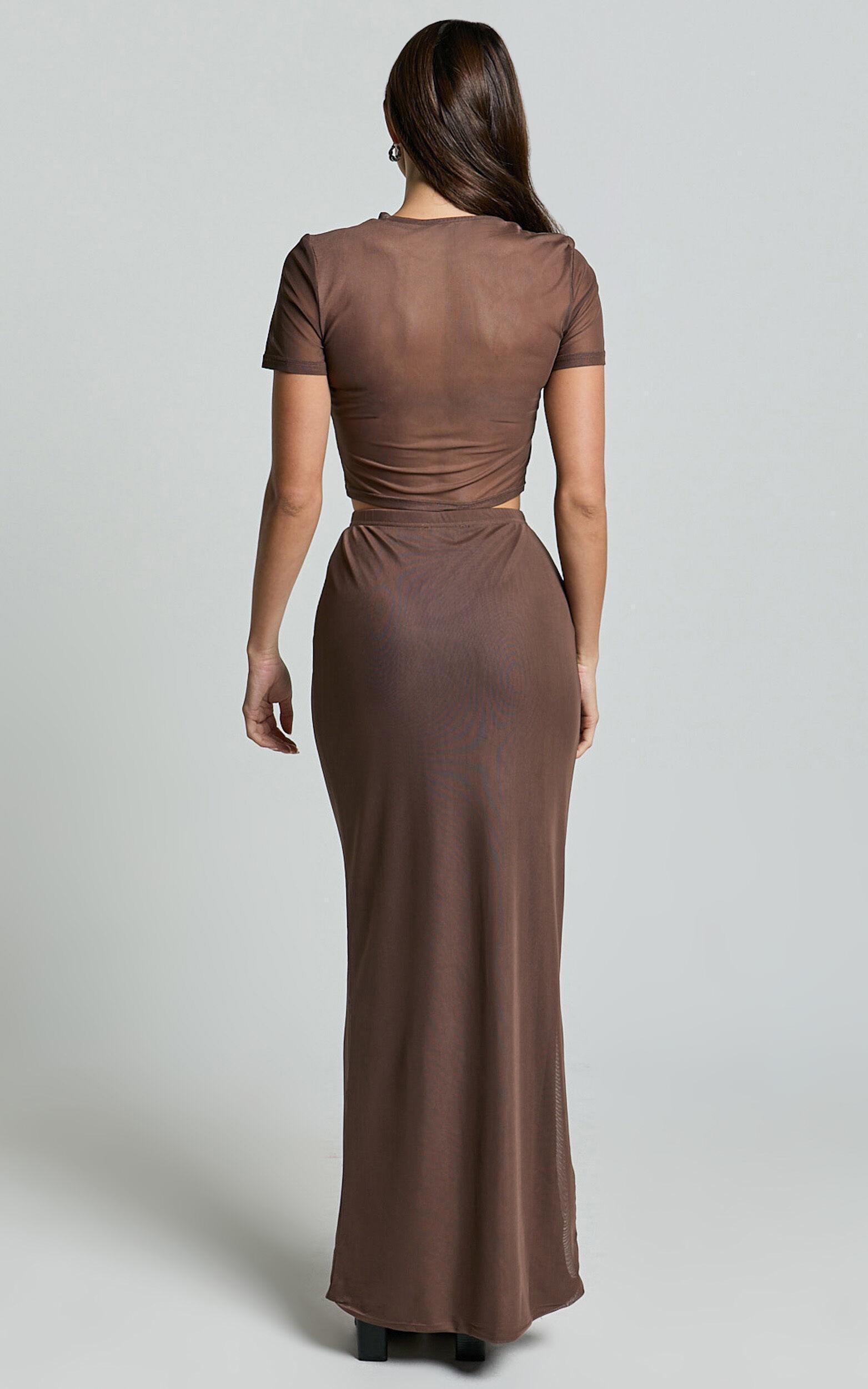 Janet Top and Skirt Two Piece Set - Short Sleeve Midi Skirt in Chocolate Product Image