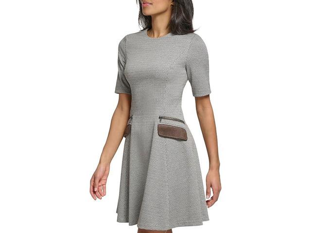 DKNY Short Sleeve A-Line Plaid Dress with Suede Faux Pockets Multi) Women's Dress Product Image