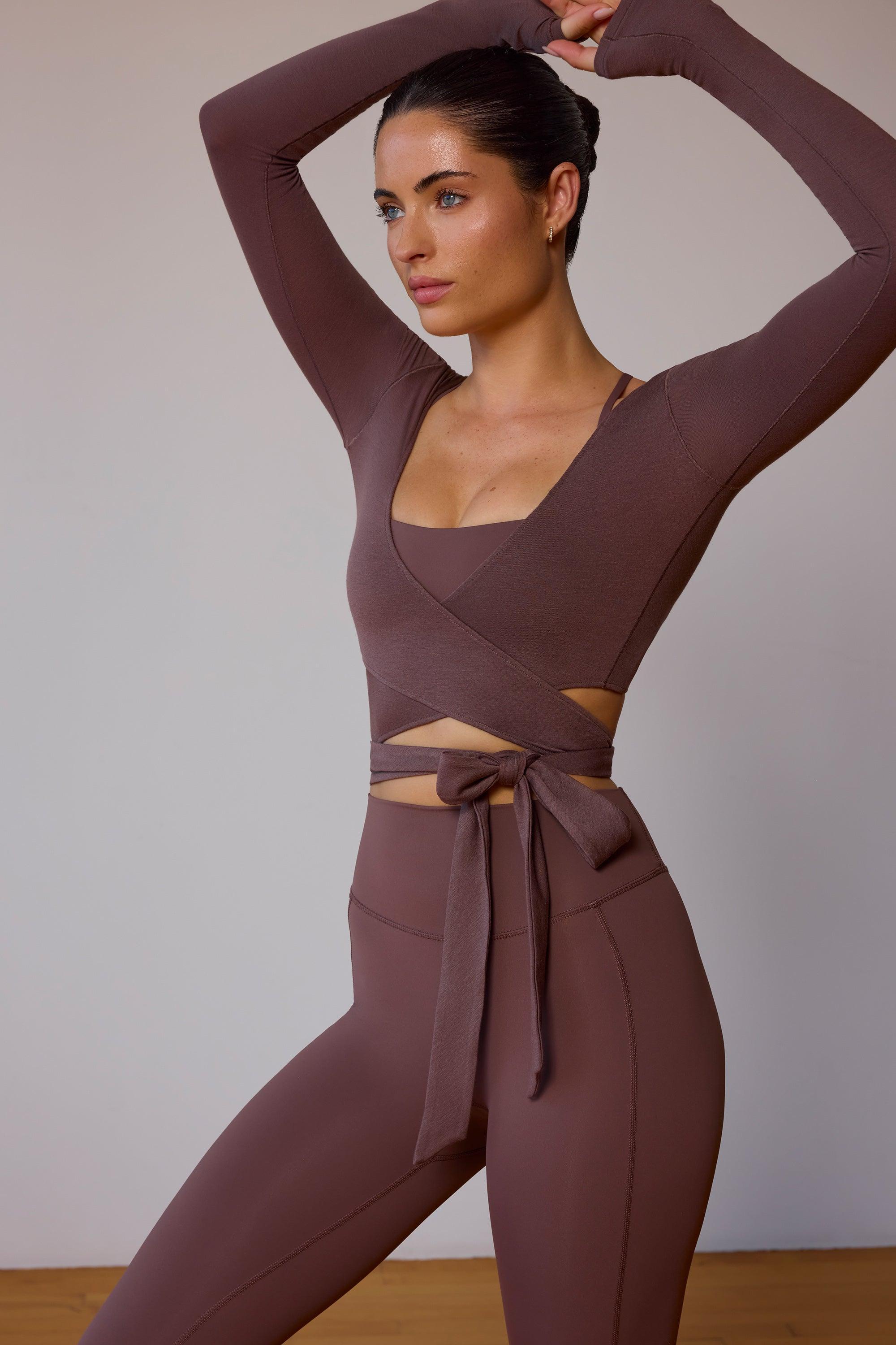 Long-Sleeve Wrap Crop Top in Taupe Brown Product Image