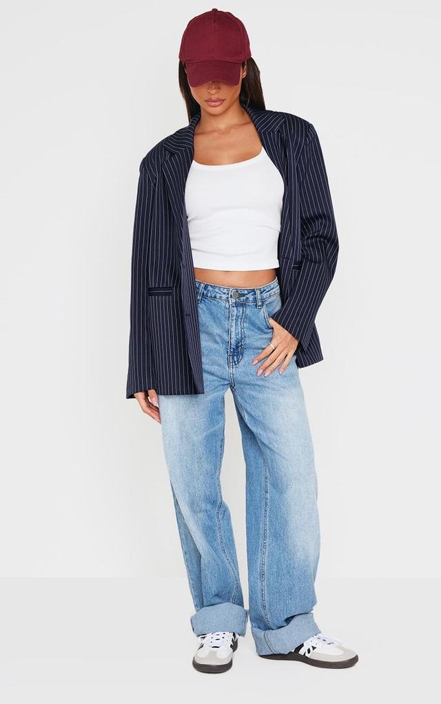 Dark Blue Pinstripe Double Breasted Oversized Blazer Product Image