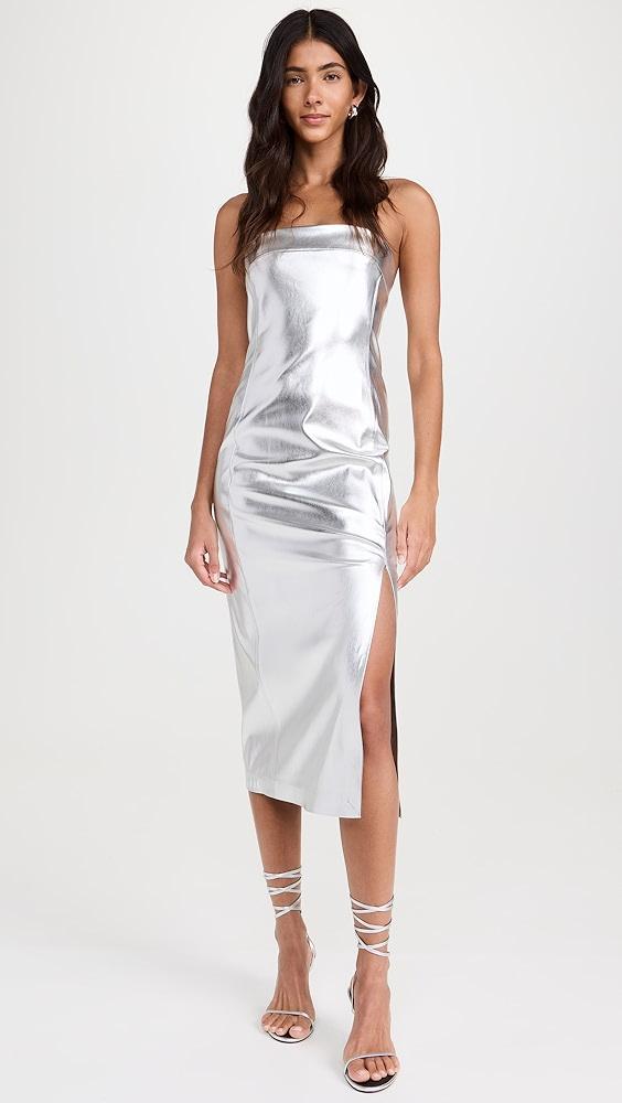 alice + olivia Kelly Shiny Faux Leather High Slit Midi Dress | Shopbop Product Image