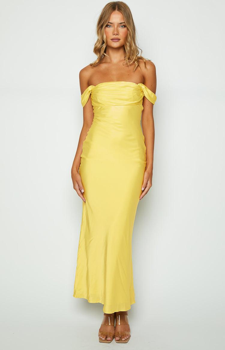 Ella Light Yellow Off Shoulder Formal Maxi Dress Product Image