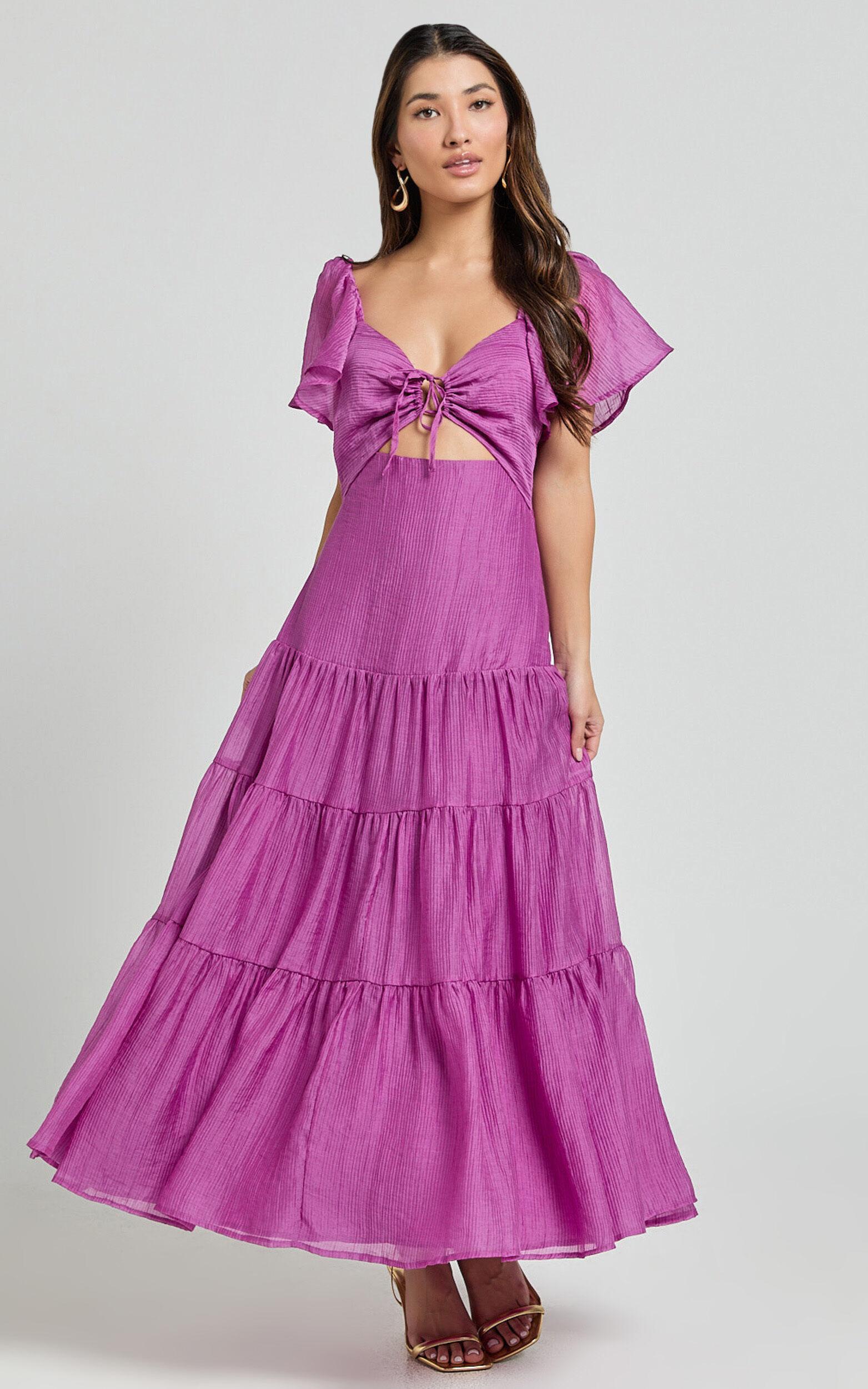 Patricia Midi Dress - Flutter Sleeve Tie Front Tiered Dress in Orchid Product Image