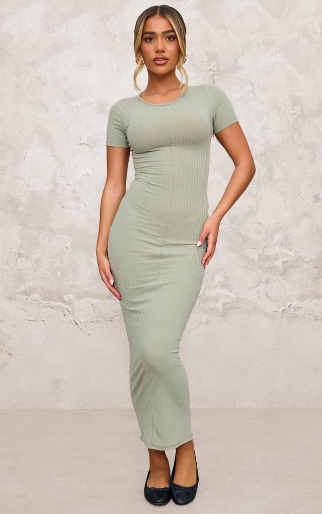 Khaki Rib Cap Sleeve Midaxi Dress Product Image