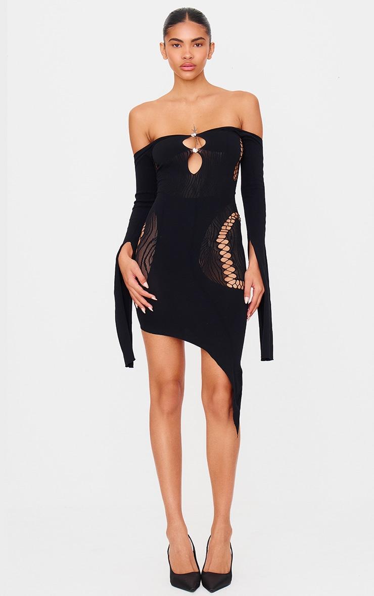 Black Sheer Cut Out Long Sleeve Midi Dress product image