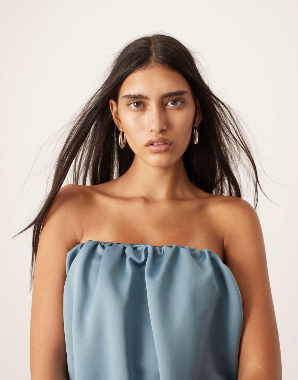 ASOS EDITION bandeau heavy satin maxi dress in blue Product Image