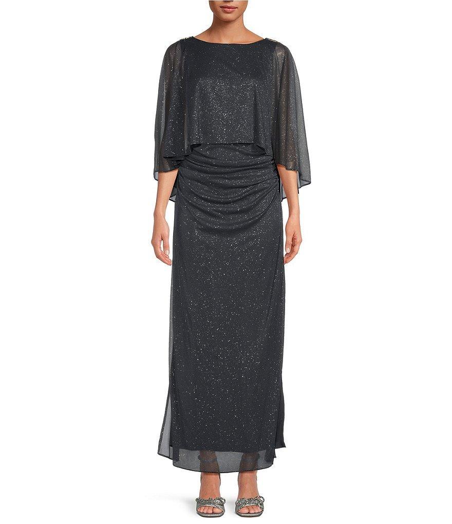 Ignite Evenings 3/4 Capelet Sleeve Round Neck Glitter Mesh Column Dress Product Image