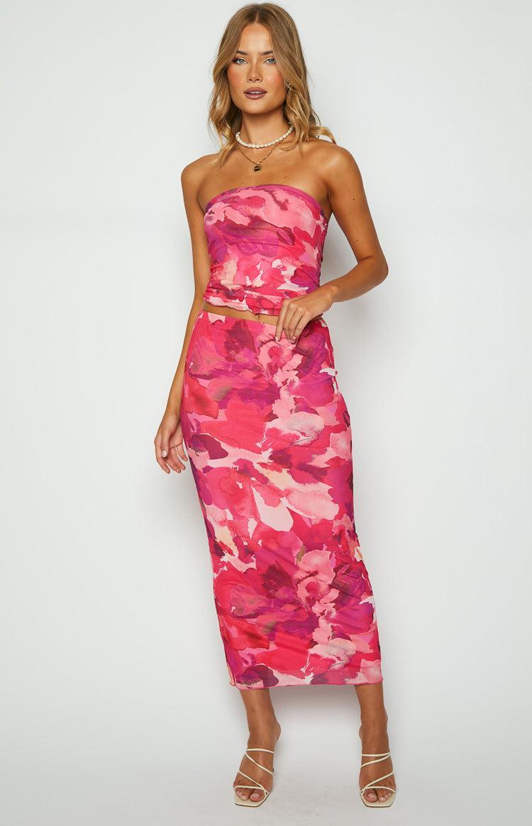 When in Rome Pink Print Mesh Maxi Skirt Product Image