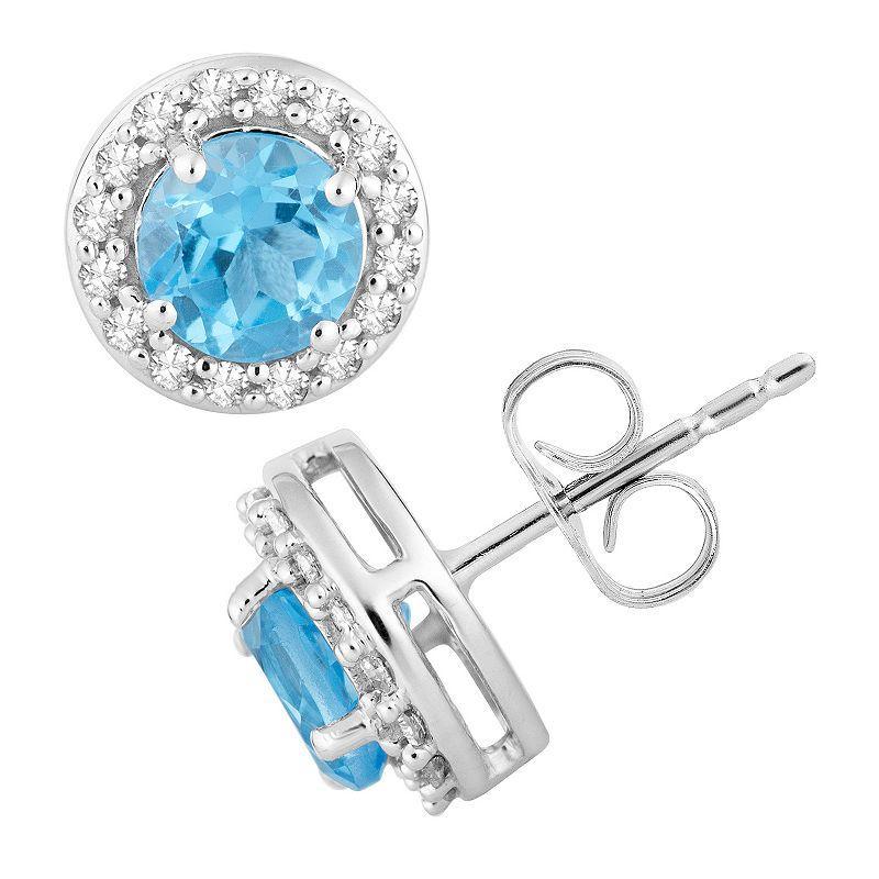 10k White Gold Swiss Blue Topaz & 1/6 Carat T.W. Diamond Halo Stud Earrings, Womens, 10k Whgold Product Image